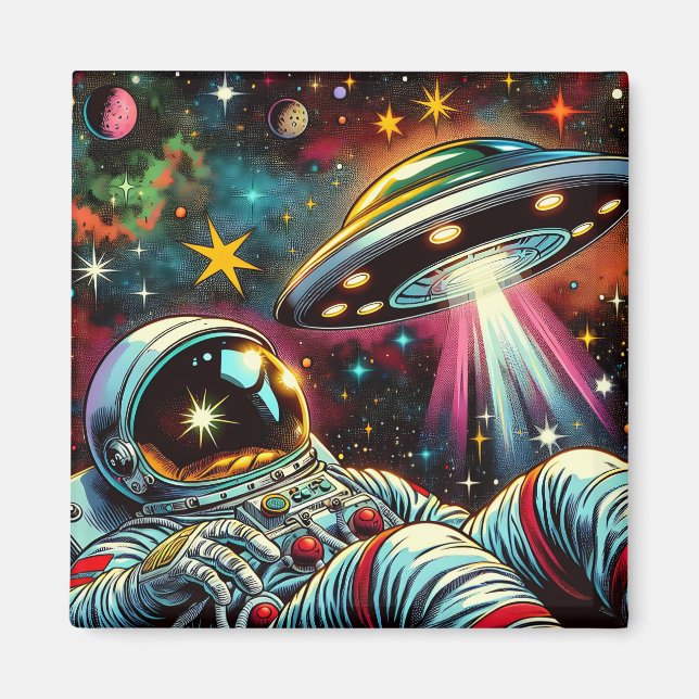 Íman Astronauta Flutuando no Espaço com Arte OVNI Ai (Frente)
