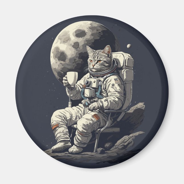 Íman Astronauta Gato com Xícara de Café (Frente)