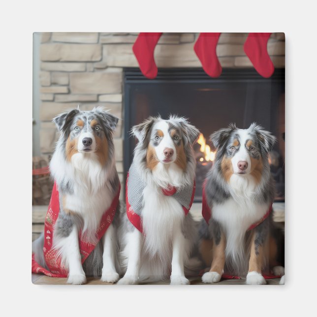 Íman Australian Shepherd Perto da Lareira Natal (Frente)