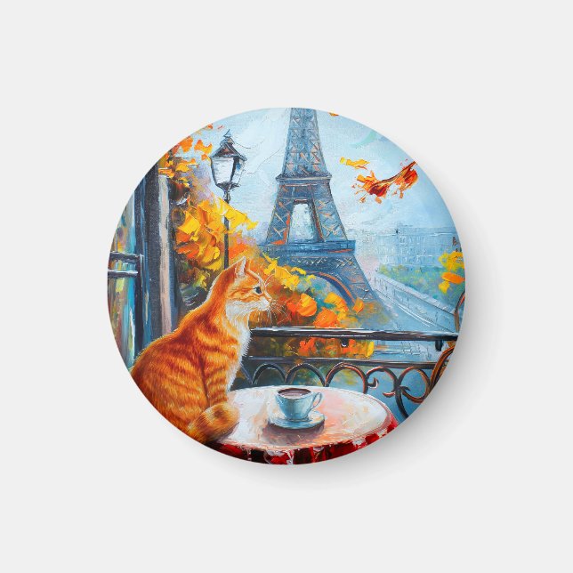 Íman Autumn Parisiense | Ginger Cat em um café (Frente)