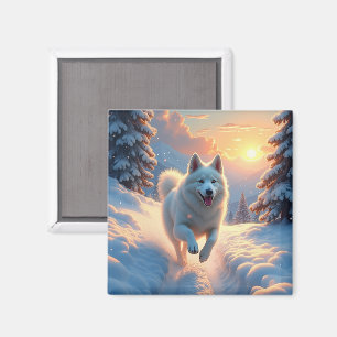Íman Aventura de Natal na Montanha Nevada com Samoyed