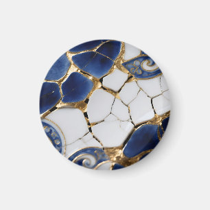 Íman Azul Branco Ouro Mosaico de Porcelana Kintsugi