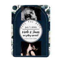 Azul Escuro & Branco Moderno Save Date Floral Verd