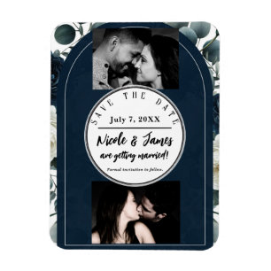 Íman Azul Escuro & Branco Moderno Save Date Floral Verd