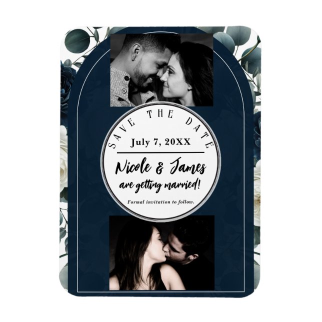 Íman Azul Escuro & Branco Verde Floral Moderno Data de  (Vertical)