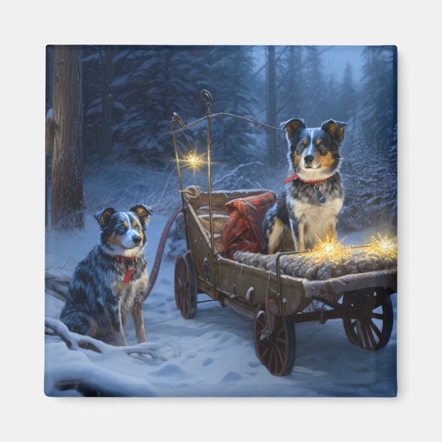 Íman Azul Heeler Snowy Sleigh Decência de Natal (Frente)