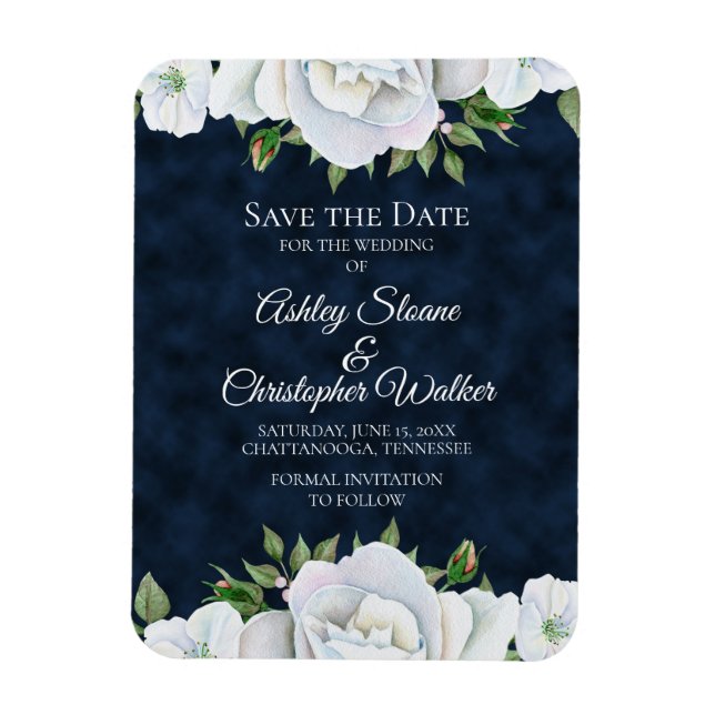 Íman Azul Marinho Floral Branco Casamento Save the Date (Vertical)