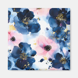 Íman Azul Naval Bege Rosa Dourado Floral Aquarela