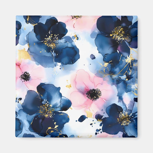 Íman Azul Naval Bege Rosa Dourado Floral Aquarela (Frente)