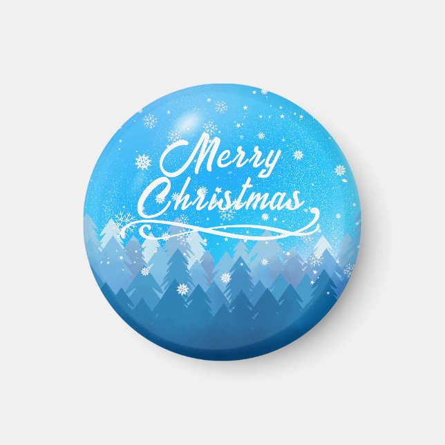 Íman Azul Neve Branca Floresta Pacífica Feliz Natal (Frente)
