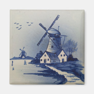 Íman Azul Vintage Delft Moinho de Vento Branco