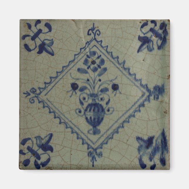 Íman Azulejo Azul Delft - Vase com Flores e Pi do Buquê (Frente)