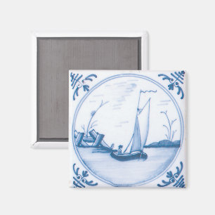 Íman Azulejo de Arte de Barco à Vela Delft Vintage Azul