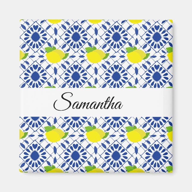 Íman Azulejo de Limão Geométrico Azul (Frente)