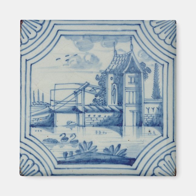 Íman Azulejo Delft mostrando uma ponte de levante sobre (Frente)