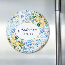 Íman Azulejo Italiano Azul Aquarela Personalizado Limão