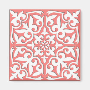 Íman Azulejo marroquino - cor-de-rosa coral e branco