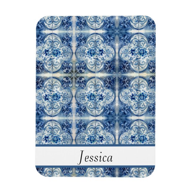 Íman Azulejos Antigos no Azul Delft personalizável (Vertical)