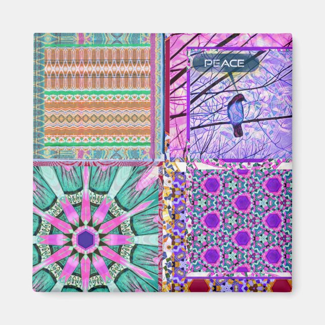 Íman Azulejos Azulejos Geométricos com Pássaro da Paz (Frente)