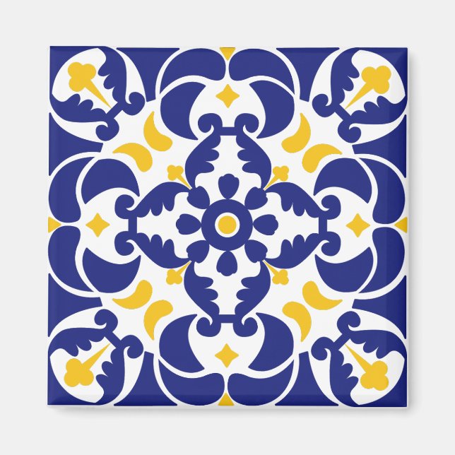 Íman Azulejos mediterrânicos Padrão Azul e Amarelo (Frente)
