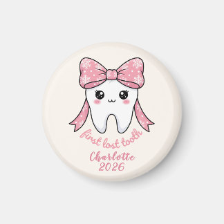 Íman Baby First Tooth Pink Bow Milestone Kawaii Tooth