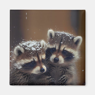 Íman Baby Raccoons Huddle in Falling Snow