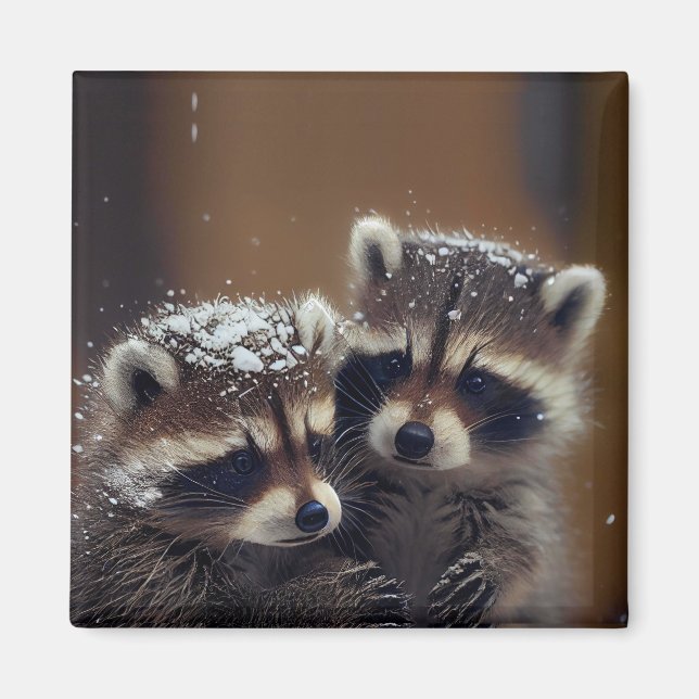 Íman Baby Raccoons Huddle in Falling Snow (Frente)