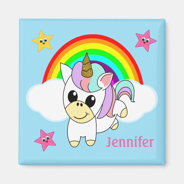 Íman Baby Unicorn Rainbow and Clouds Personalizado (Frente)