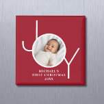 Íman Baby's First Christmas Photo Red<br><div class="desc">This stylish Baby's First Christmas Photo Magnet features the word "JOY" on a red maroon background.
Easily customizable with your photo,  name,  and year. It makes a special keepsake for family and friends.</div>