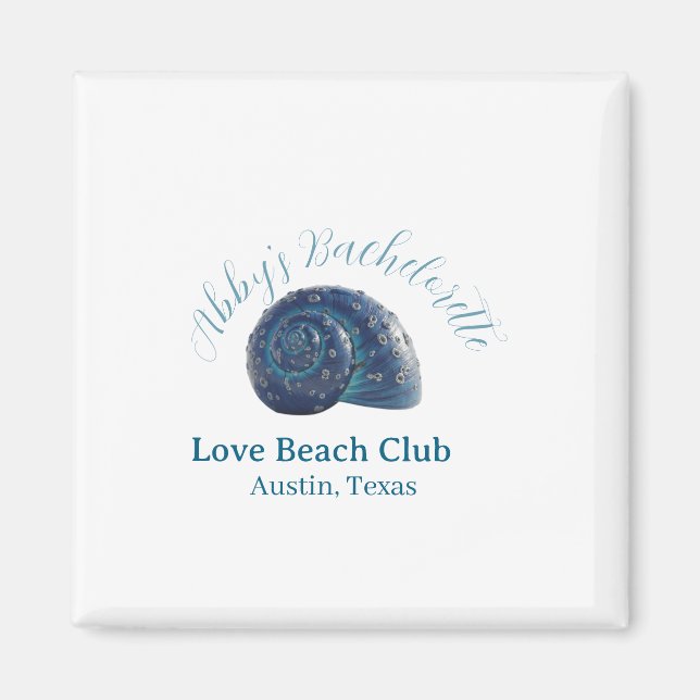 Íman Bachelorette party beach club blue sea shell name  (Frente)