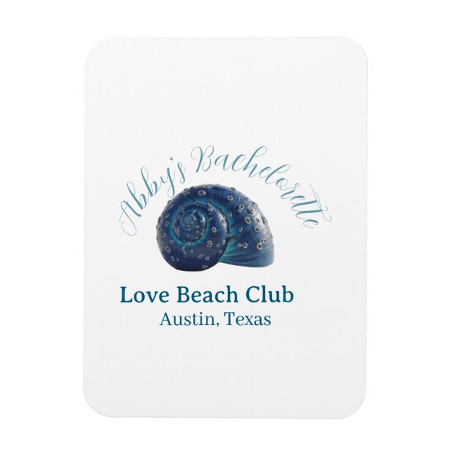 Íman Bachelorette party beach club blue sea shell name  (Vertical)