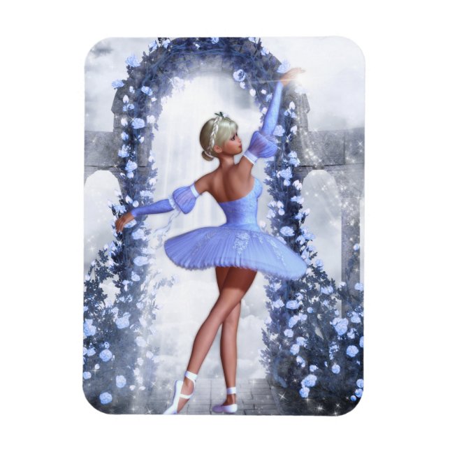 Íman bailarina de fantasia azul e branca com rosa (Vertical)