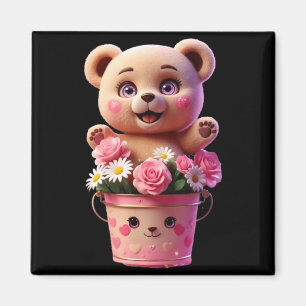 Íman Balde de flores colorido com ursinho engraçado uni