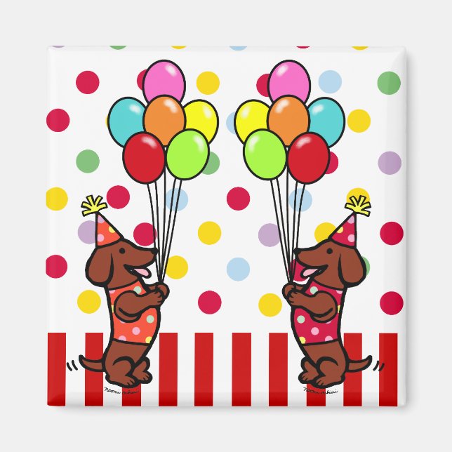 Íman Balões de Cartoons de Aniversário do Dachshund (Frente)