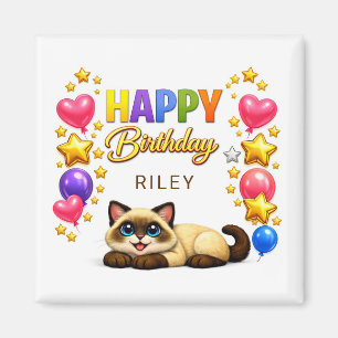 Íman Balões de Gato Siames e Estrelas Feliz Aniversário