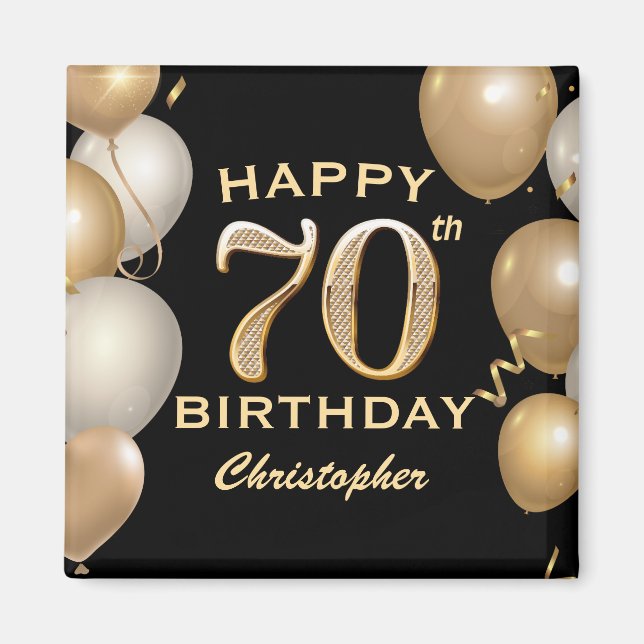 Íman Balões Festa de aniversário preto e Dourado (Frente)