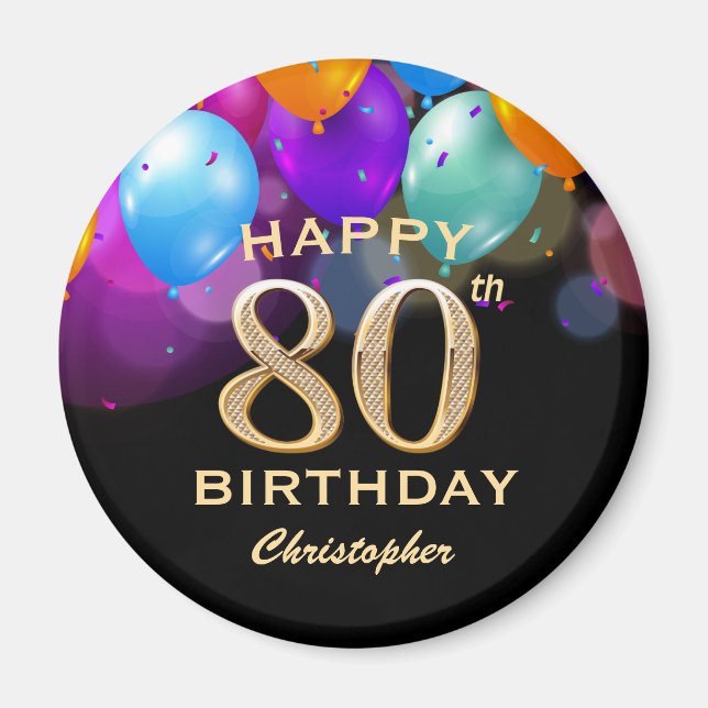 Íman Balões Festa de aniversário preto e Dourado (Frente)