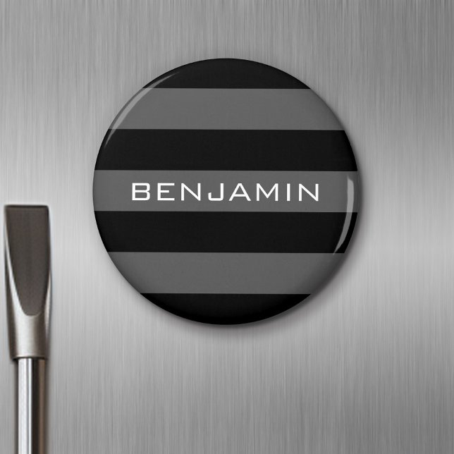 Íman Bandas de Rugby de Cinza e Preto com Nome Personal (Personalized Fridge Magnet - Party Favor - Add Custom Text)