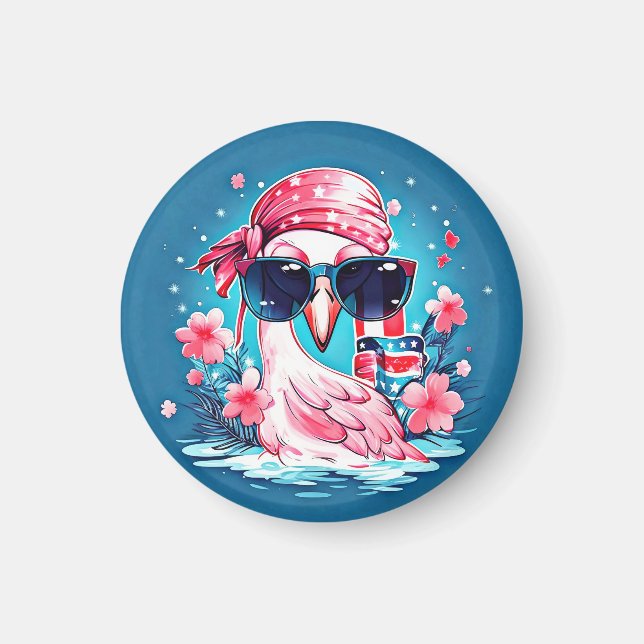 Íman Bandeira Americana com Cartoon de Flamingo-69681 (Frente)