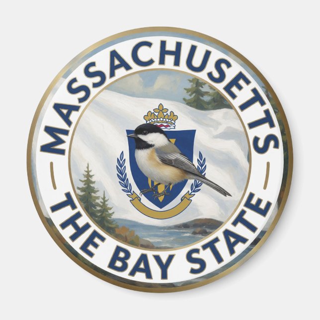 Íman 🌊 Bandeira de Massachusetts e Chickadee-de-capo-p (Frente)