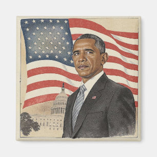 Íman Barack Obama em frente à bandeira americana e ao C