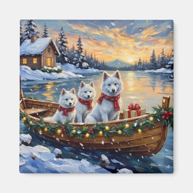 Íman Barco de Natal do Samoyed Branco Férias (Frente)