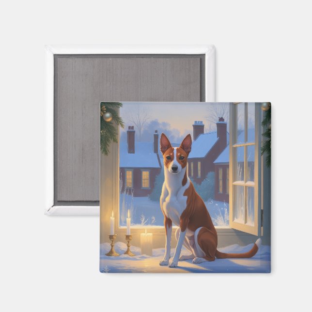 Íman Basenji Com Luzes De Natal Feriado (Front/Back)