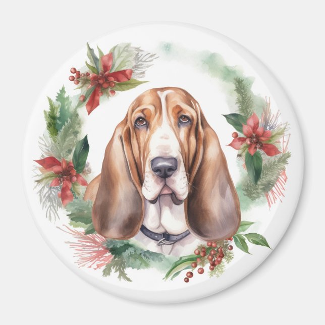 Íman Basset Hound Christmas Wreath Festivo Pup (Frente)