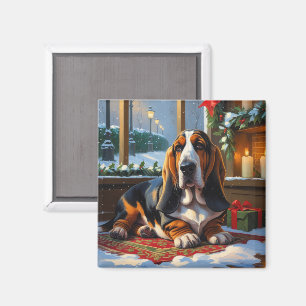 Íman Basset Hound Com Luzes De Natal Feriado