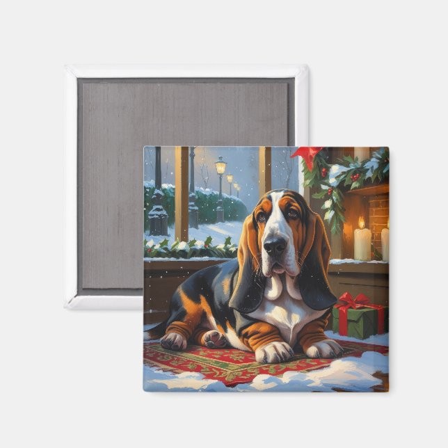 Íman Basset Hound Com Luzes De Natal Feriado  (Front/Back)