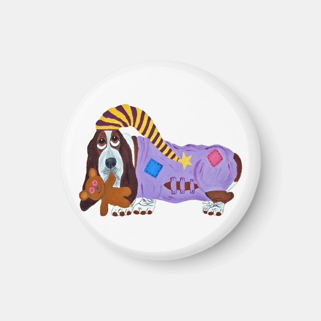 Íman Basset Hound em PJs com ursinho de pelúcia (Frente)