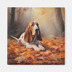 Íman Basset Hound no Outono Folhas Caídas Inspiram