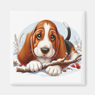 Íman Basset Hound Puppy na cena de inverno de neve