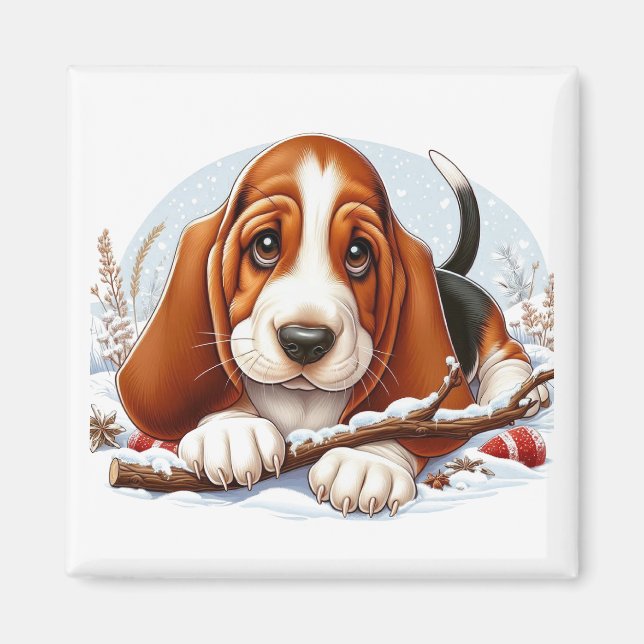Íman Basset Hound Puppy na cena de inverno de neve (Frente)